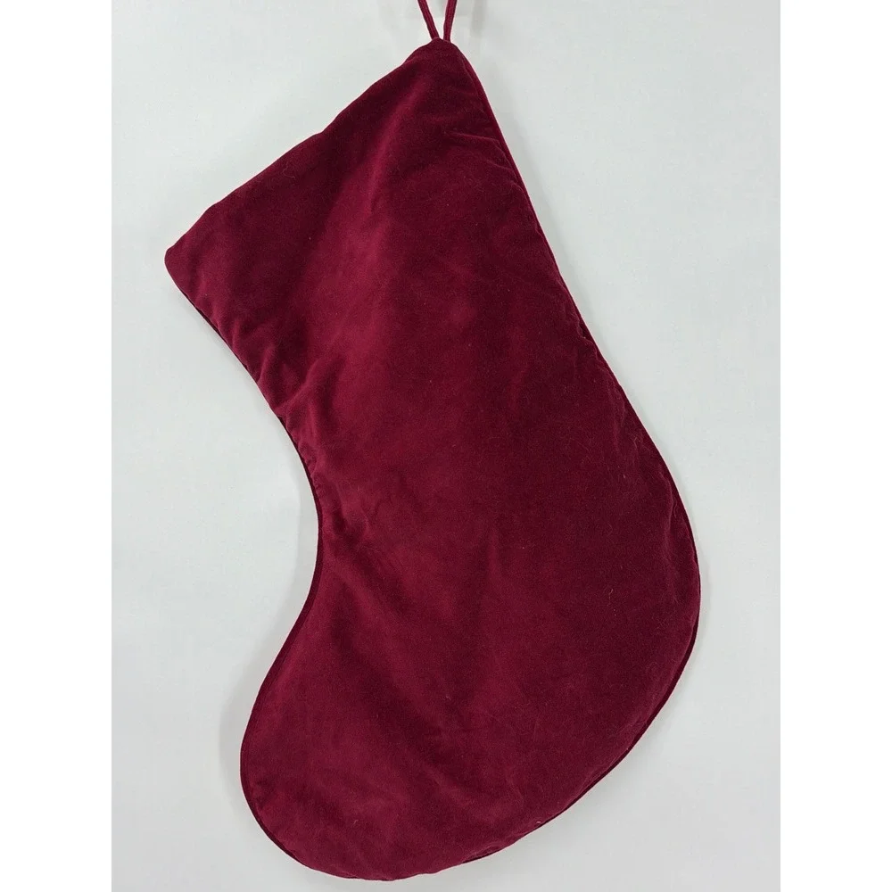 Vtg Burgundy Velvet Christmas Stocking Ribbon Embroidery Floral Red Green